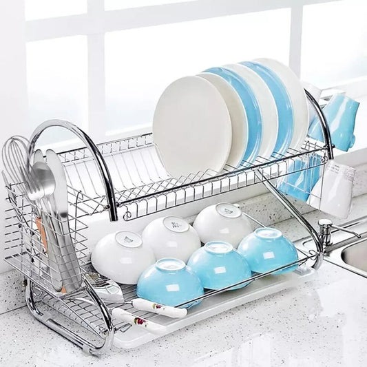 2 Tier Kitchen Sink Metal Dish Drainer Rack Drip Tray Cutlery Holder Plate Rack