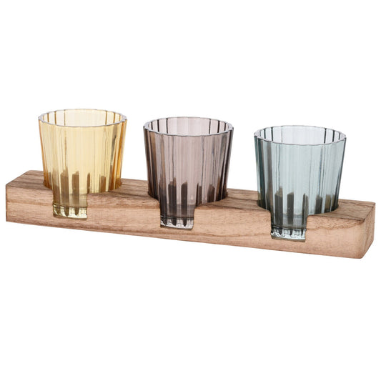 3 Tea Light Holder Votive Candle Glass with Wood Tray Display Home Décor Gift