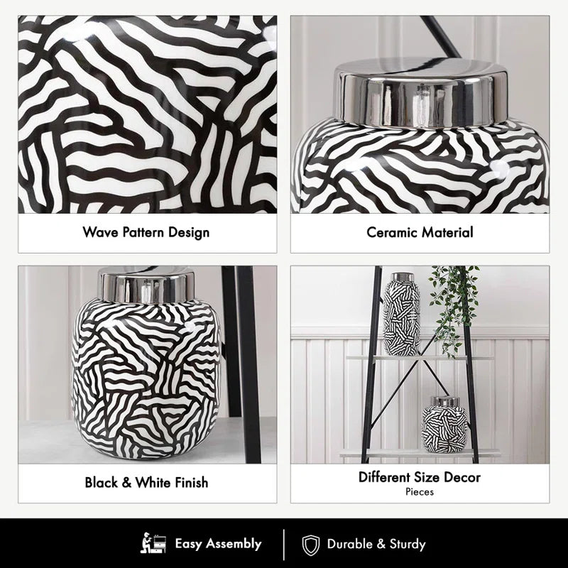 Brownsburg Ginger Jar for Living Room Furniture, Modern Home Decor Abstract Piece in Black and White