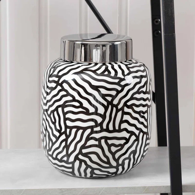 Brownsburg Ginger Jar for Living Room Furniture, Modern Home Decor Abstract Piece in Black and White