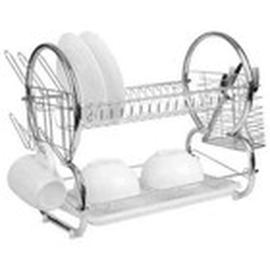 2 Tier Kitchen Sink Metal Dish Drainer Rack Drip Tray Cutlery Holder Plate Rack