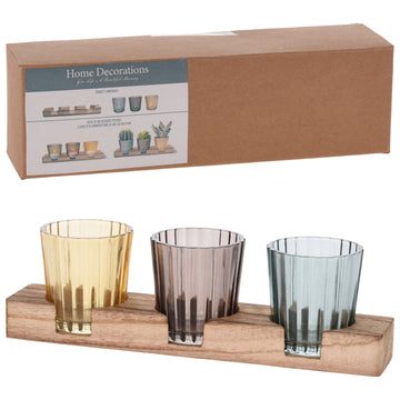 3 Tea Light Holder Votive Candle Glass with Wood Tray Display Home Décor Gift